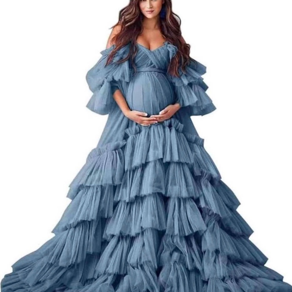Blue Sweetheart Maxi Gown with Flutter Sleeves